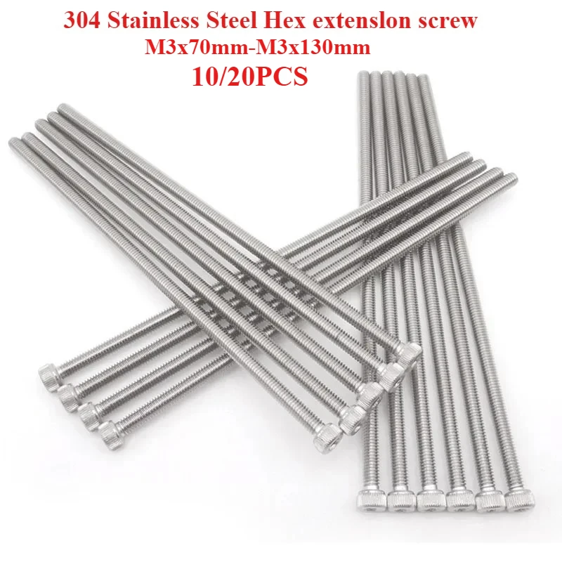 10/20PCS M3x70mm-130mm DIN912 304 Stainless Steel Inner Hexagon Lengthen Screw Knurled Cup Head Bolts Extra Long Screws Bolt