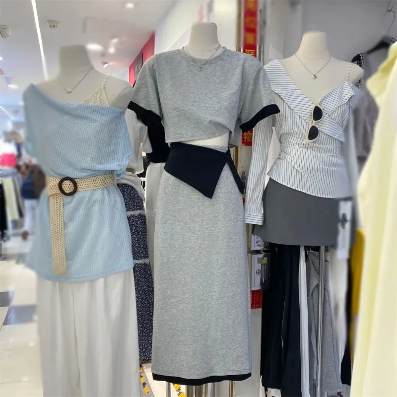 Women's Summer Gentle Simple Color Block Short Sleeve High Waist Midi Skirt Casual Two Piece Outfit