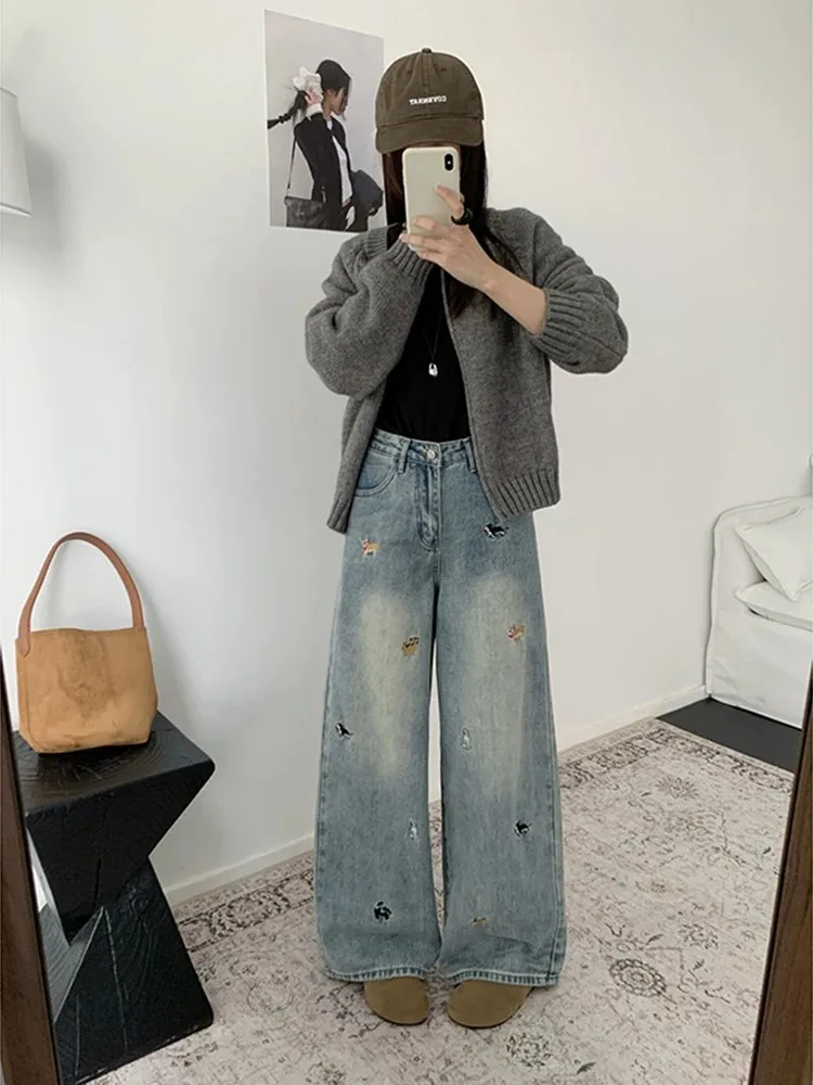 Women's Cute Puppy Embroidery Jeans Casual High Waisted Pants Young Girls Sweatpants Summer Bottoms Female Wide Leg Trousers