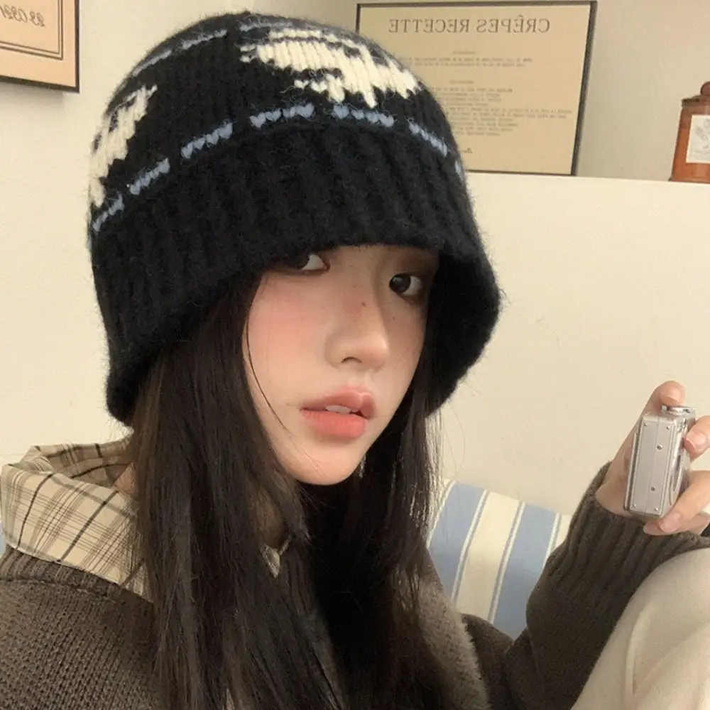 

Casual Warm Jacquard Knitted Hat Wool Printed Snowflake Beanies Retro Cute Printing Knit Cap Apparel Accessories