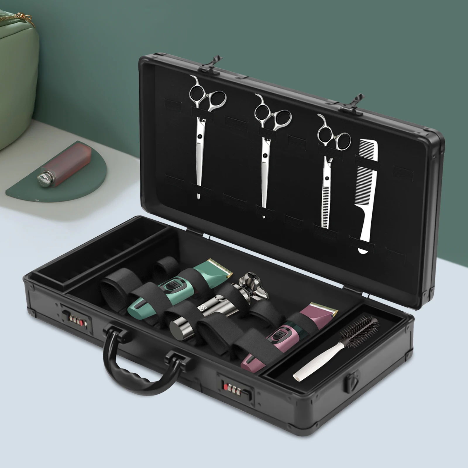 

Ящик для инструментов для парикмахера Профессиональный чехол для парикмахера Портативный чехол для парикмахерских инструментов с кодовым замком Ящик для инструментов для укладки ﻿