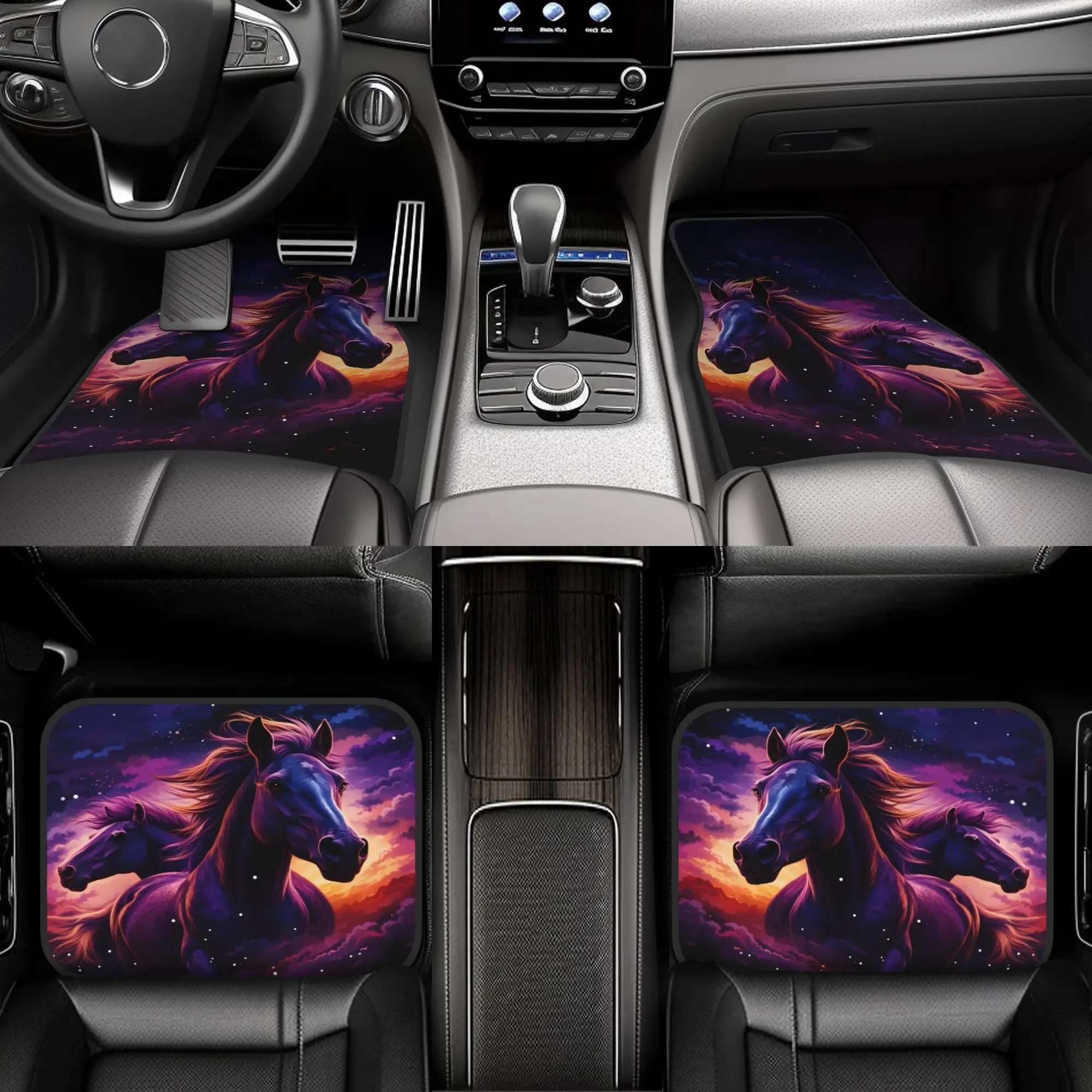 4pcs Mystical Horses Galloping Through Starlit Purple Clouds At Sunset Car Floor Mats - Anti Slip, Absorbent Pads Suitable For W