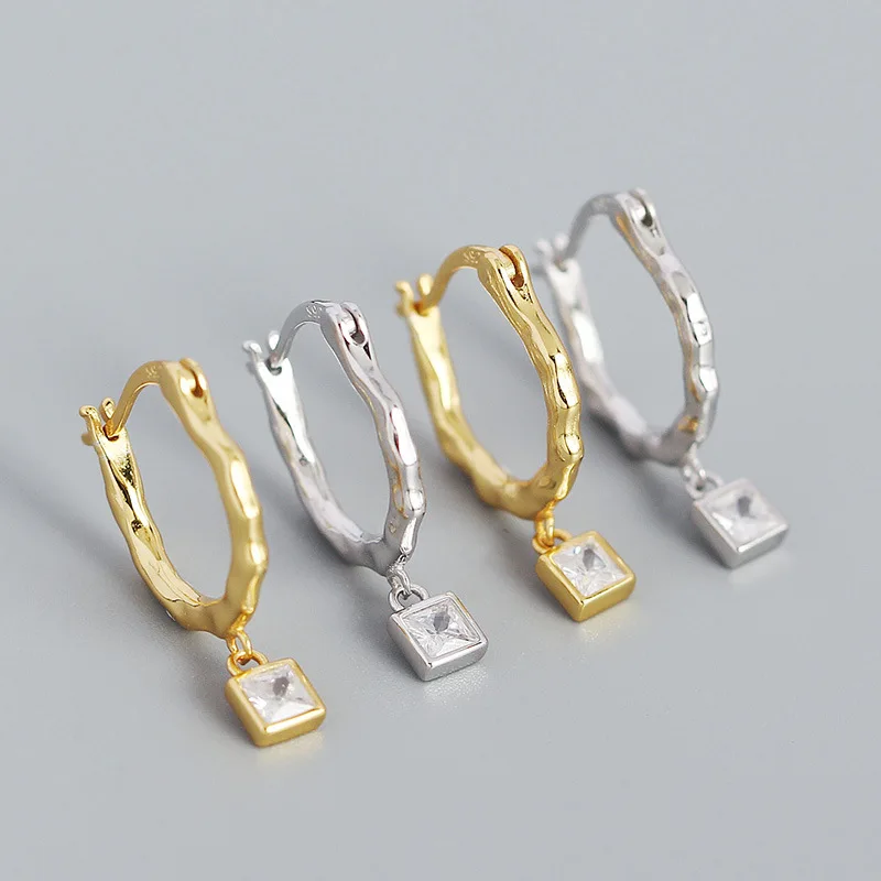 WANTME 925 Sterling Silver Square Charm Zircon Pendant Drop Earrings for Women Classic Irregular Party French Piercing Jewelry 3
