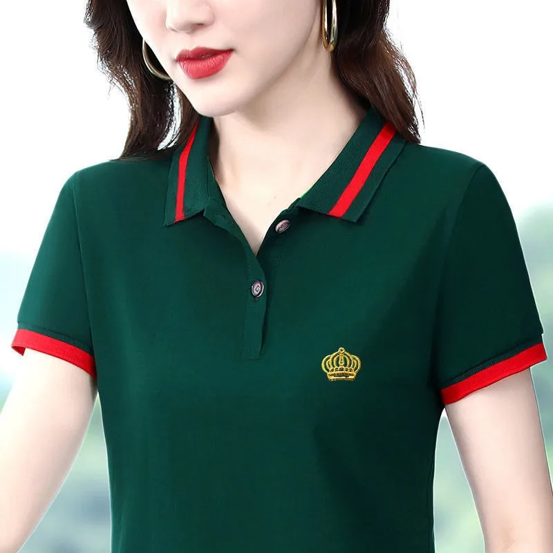 Green Red Womens Short Sleeve T-shirt Female\'s office Work Wear Korean Style Chic Trendy Casual Tops Polo Shirts