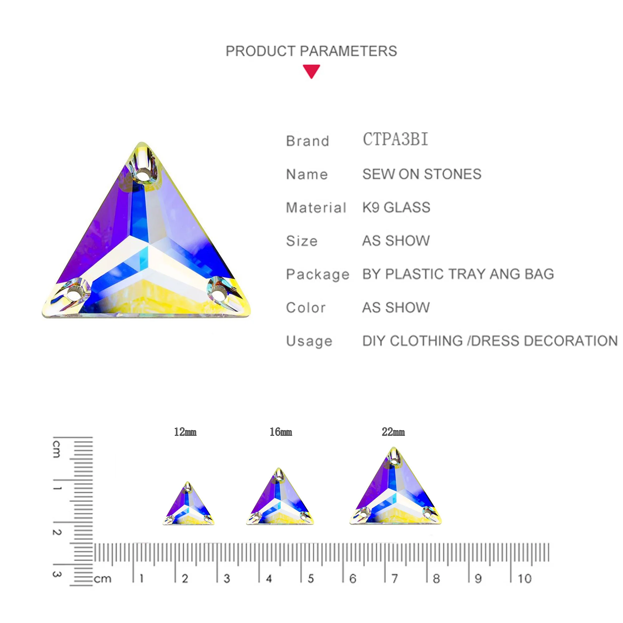 Crystal AB Triangle Sew On Crystal Strass Glass Flatback Rhinestones Sewing Stone for Needlework Garment Wedding Dress