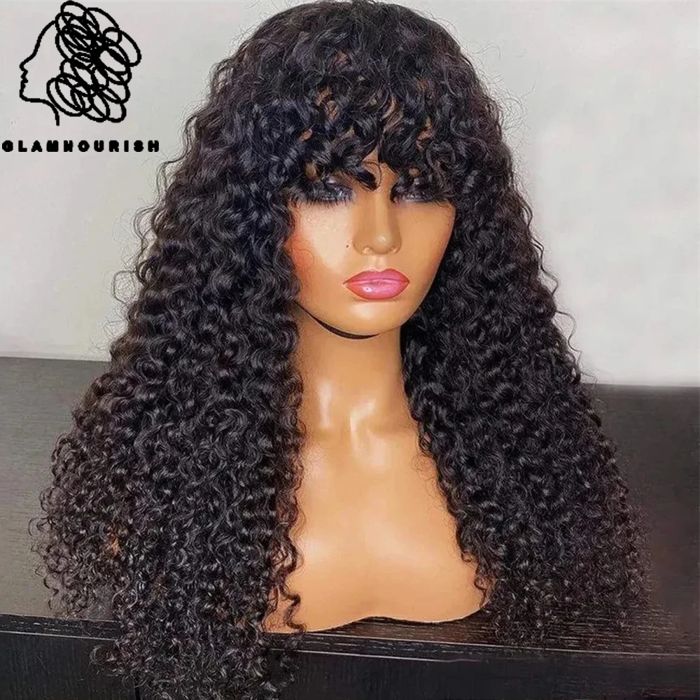 

Jerry Curly Human Hair Wigs With Bangs Brazilian Remy Curly Human Hair Wigs For Women Full Machine Made No Lace Curly Fringe Wig