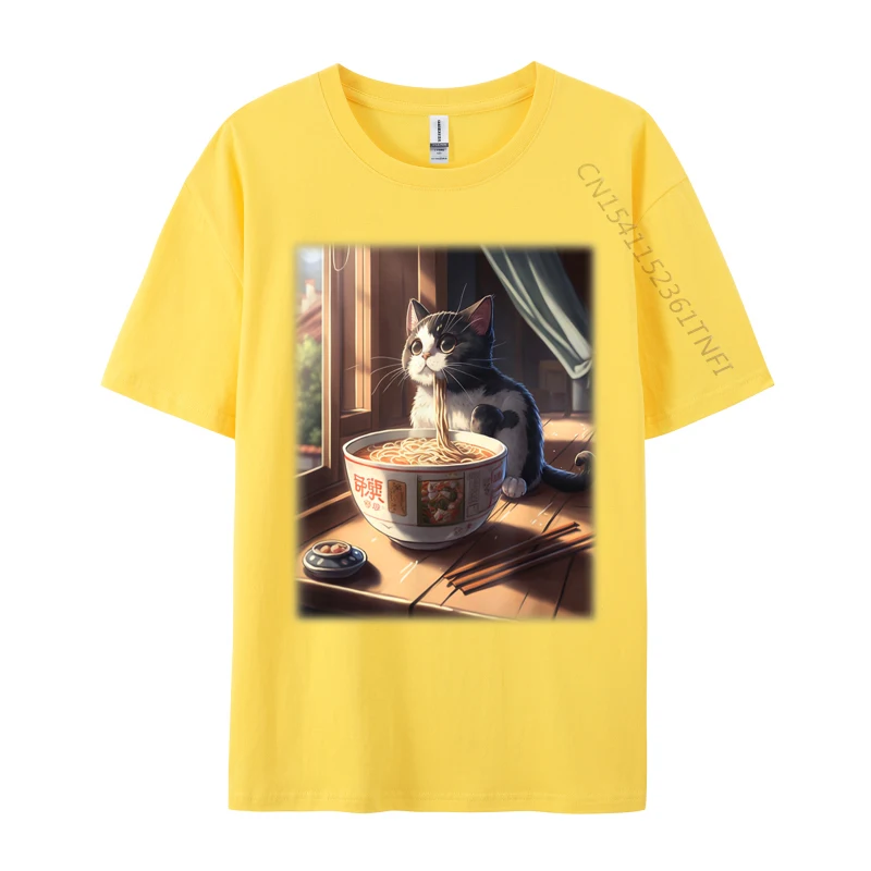 Japanese kawaii cat eating tonkotsu ramen Print T Shirt Special NEW YEAR DAY Tops & Tees Cotton Fabric Male Printing Tops Shirt