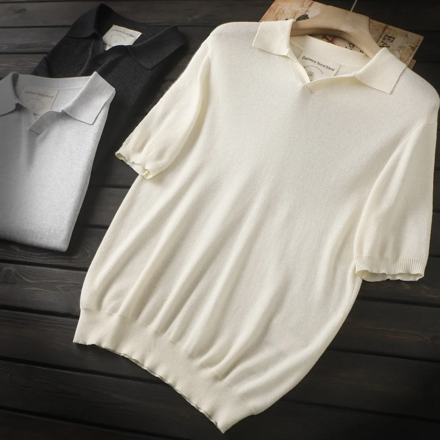 

Lyocell + cashmere! Foreign trade men's spring and summer thin knitted short-sleeved POLO shirt lapel T-shirt