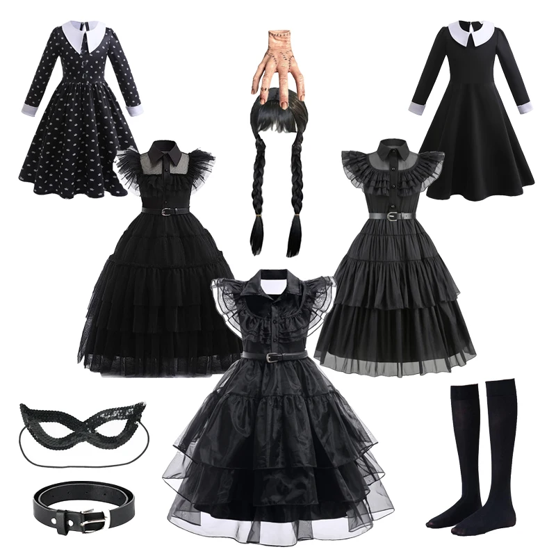 

Addams Wednesday Dress Wednesday Addams Girl Costume Wig Hand Thing Outfit Black Disguise Halloween Cosplay Party Dress for Kids