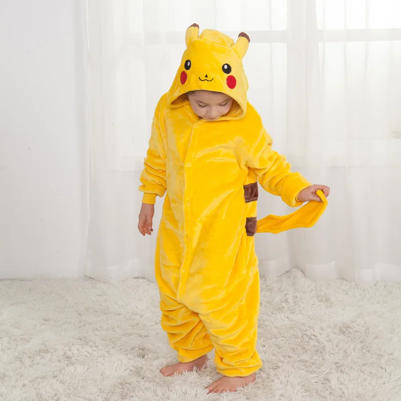 Pokemon Pikachu Warm Flannel Homewear Kids Autumn&Winter Soft Onesie Cosplay Animal Hoodie Pajamas Parent-Child Girls Sleepwear