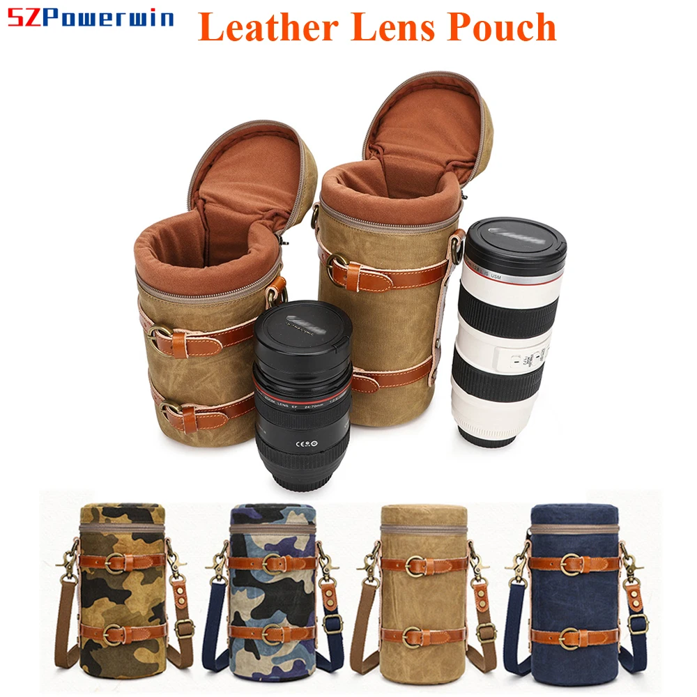 Powerwin Batik Canvas Cowhide Waterproof Professional DSLR Camera Lens Pouch Padded  Cylinder Shockproof SLR Case Cover Shell