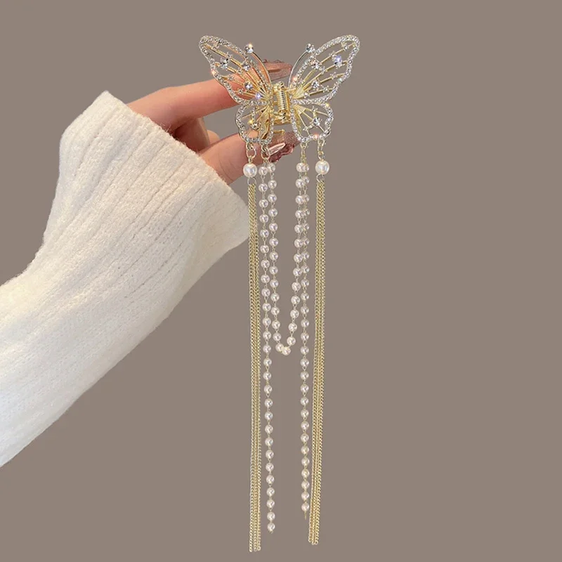 Vintage Pearl Tassel Butterfly Hair Claw Long Pendant Hair Clips Shark Clip Headwear Claw Clip Fashion Girl Hair Accessories