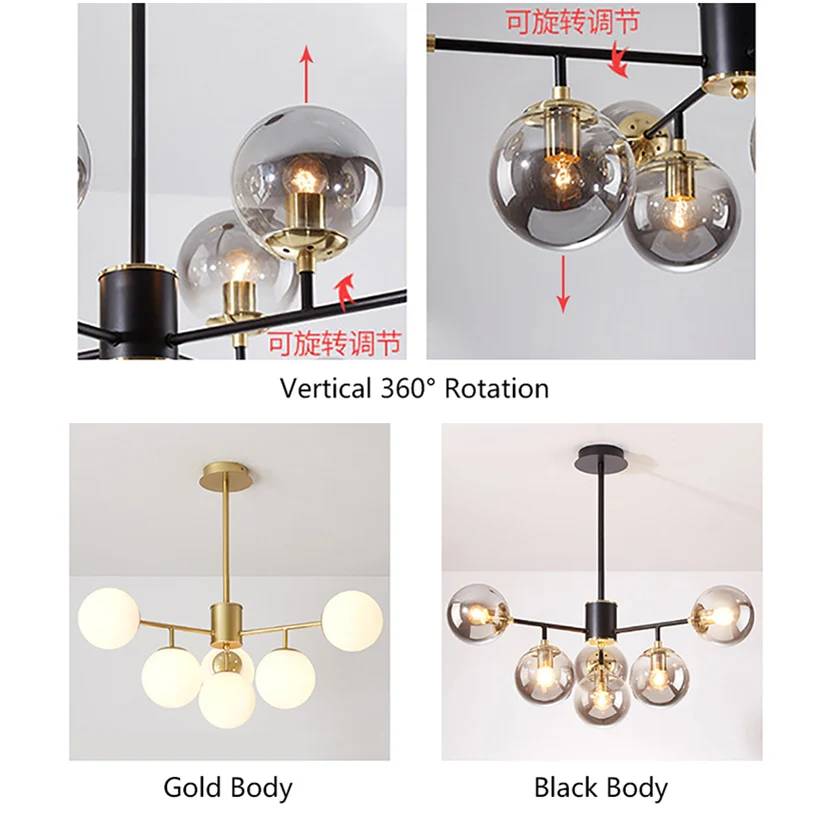 SANDYHA Modern LED Glass Ball Chandelier Luxury Home Decor Molecular Ceiling Lamp Black Gold Iron with 6/8/10 Ball Pendant Light