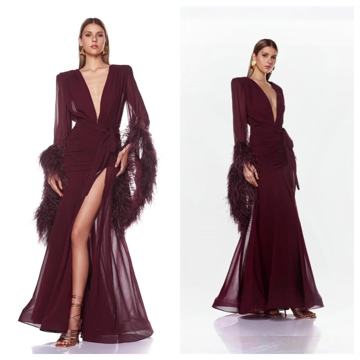 

Customized Classic Burgundy Chiffon Evening Dress V-Neck Long Sleeves Special Occasion Gowns Celebrity Gowns Feathers Delicate
