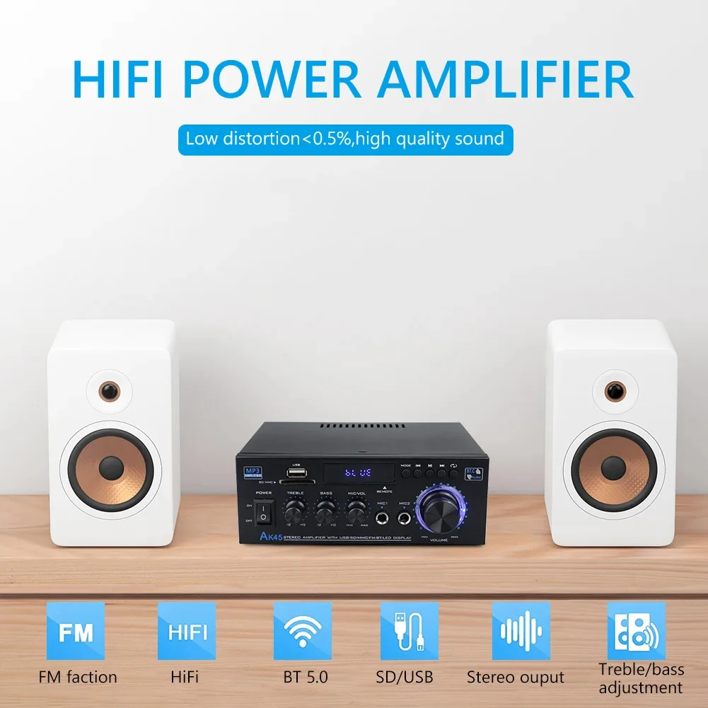 AK45 HiFi Digital Bluetooth Audio Amplifier s MP3 Channel 2.0 Sound Power AMP Stereo Home Automotive Car For Speakers MAX 350W*2