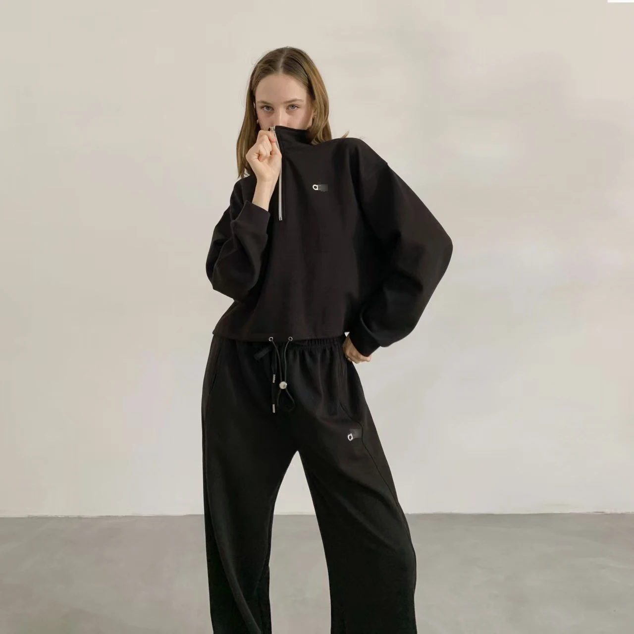 American Style Half Zipper Stand Collar Jacket Women's Sportswear Yoga Clothes Spring Summer Running Set Cotton Long Sleeve