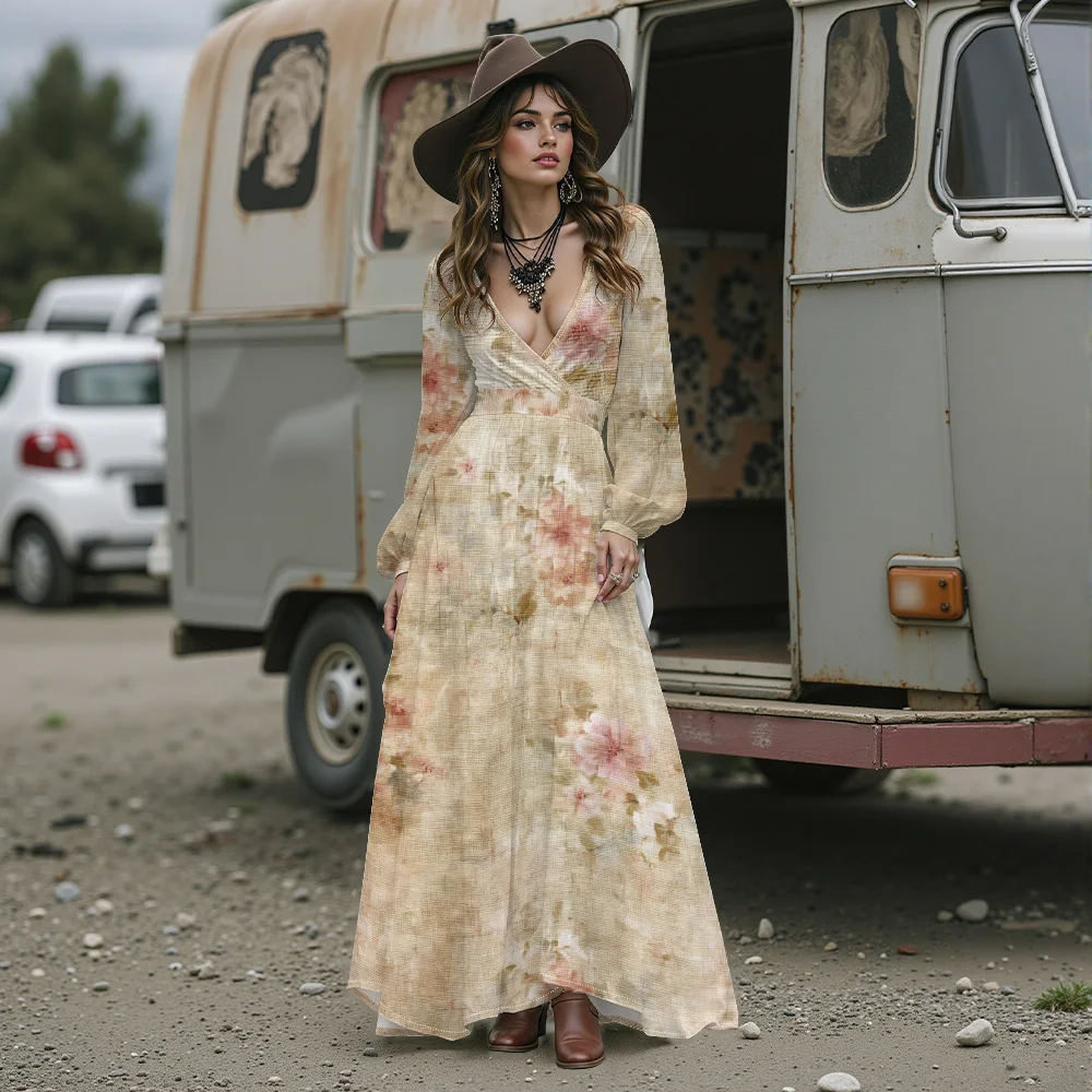 Abito lungo floreale elegante romantico sexy con scollo a V profondo Abito Boho in chiffon a maniche lunghe da donna per eventi speciali, appuntamenti o vacanze