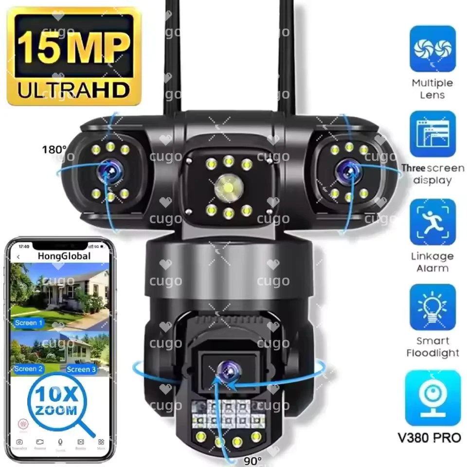 

15MP PTZ WiFi Camera Three Screen Outdoor Night Vision 10X Digital Zoom 3-Lens IP Camera CCTV Night Vision Surveillance Cam