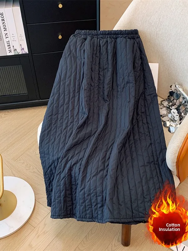 

Thermal Quilted Cotton Skirt A-Line Long Skirts Slimming Side Slit Pure Color Vertical Stripes Plus Size Women's Skirts