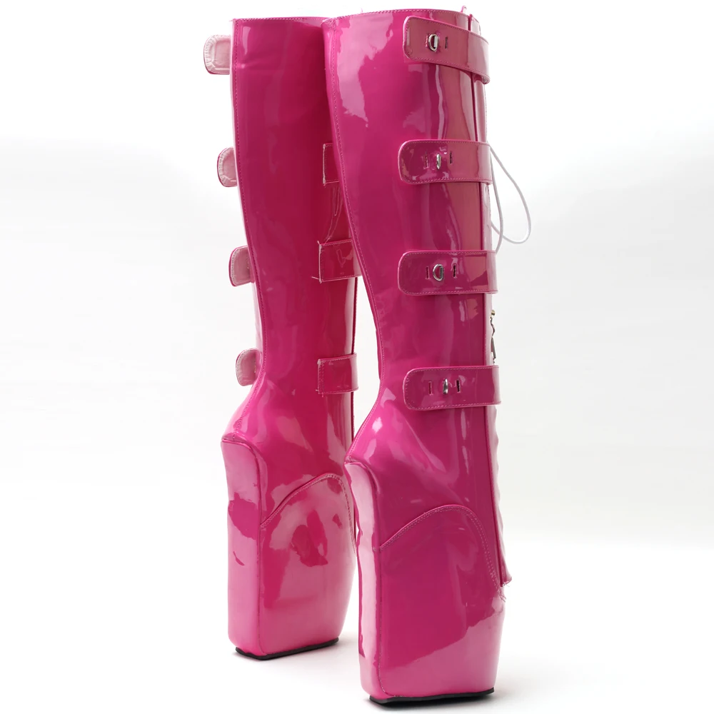 18CM Extreme High Heel Lace-up Lockable Zip Padlock Buckle Strap Sexy Fetish Knee-High Boots