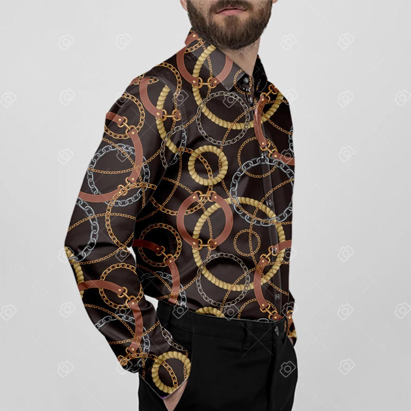 Fashionable gold chain printed men\'s long sleeved button up shirt for spring and autumn, parties and banquets