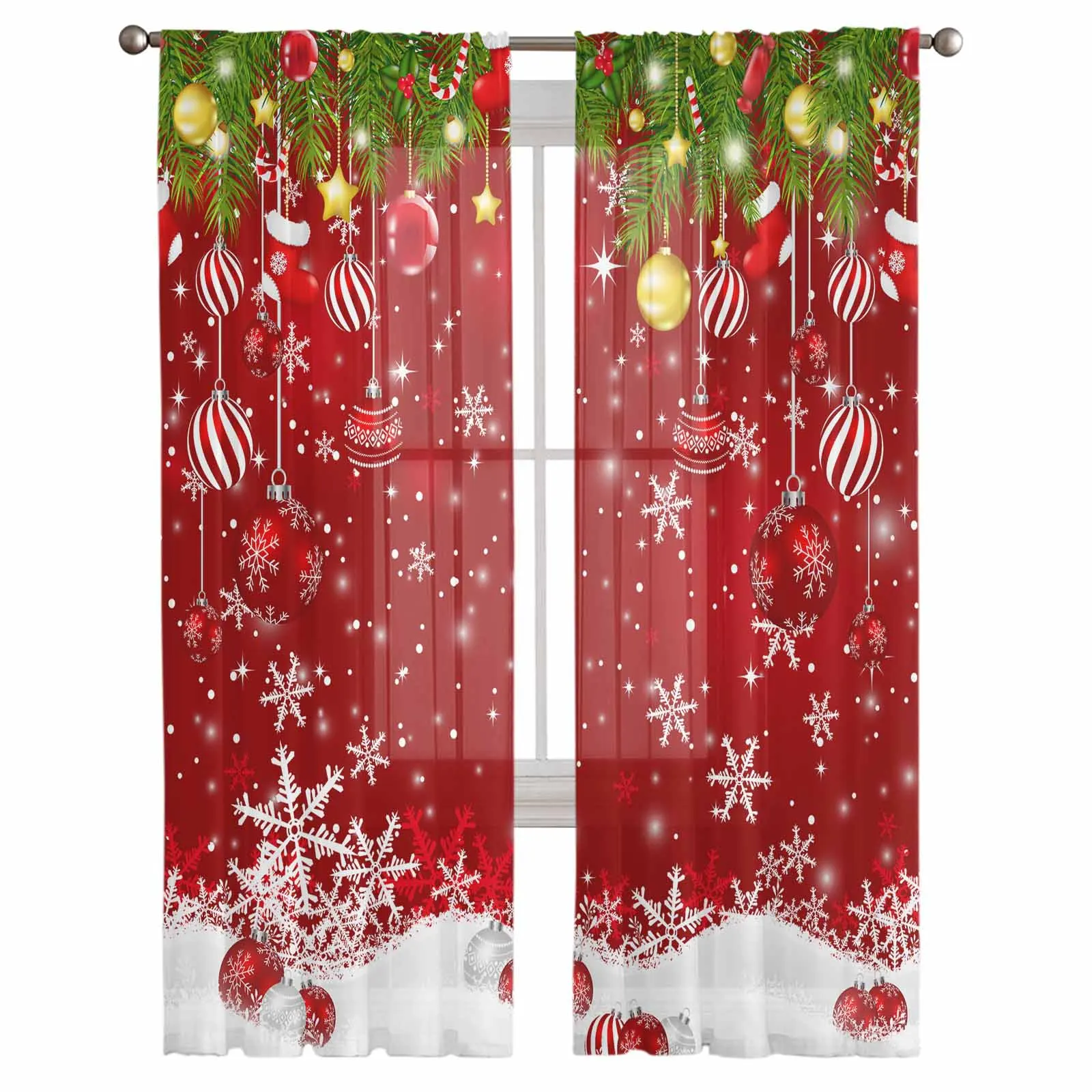 Christmas Balls Snowflakes Pine Branches Tulle Curtains for Living Room Decoration Modern Chiffon Sheer Voile Christmas Curtains