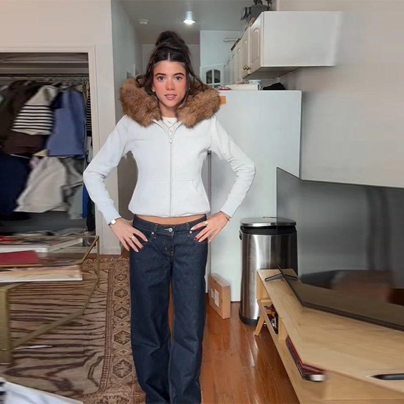 

Утолщенная толстовка с воротником из искусственного меха и капюшоном, куртка для женщин с меховой подкладкой, утягивающее пальто на молнии, новинка 2025 года, зимние теплые женские пальто