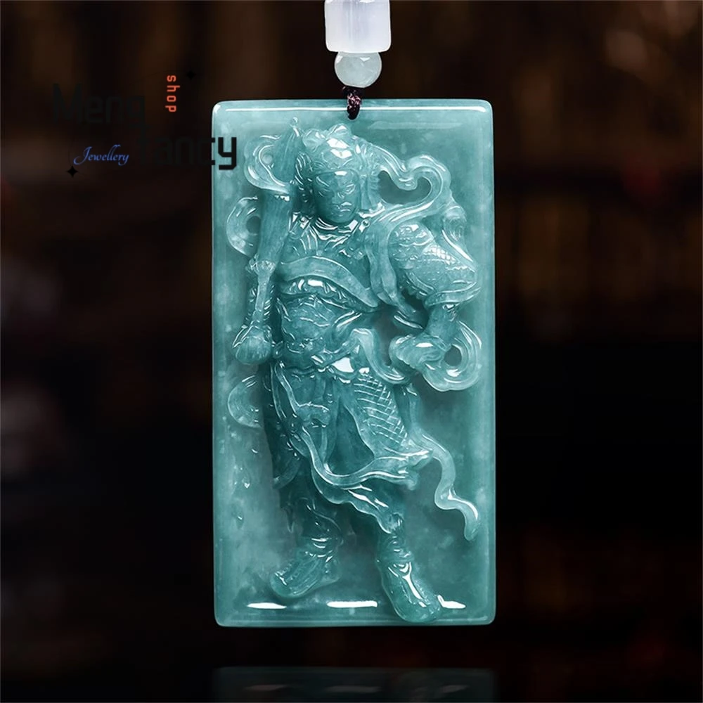 Authentic Natural A-grade Jadeite Blue Water Wei Tuo Bodhisattva Protector Ice Seed Jade Pendant National Style Fashion Jewelry
