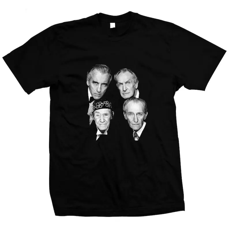 

Horror Stars Peter Cushing, Christopher Lee, Vincent Price, John Carradine Pre-Shrunk, Hand Screened 100% Cotton Shirt