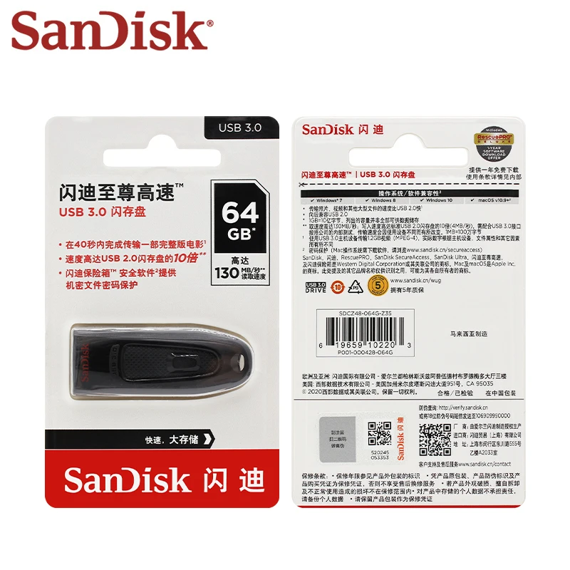 SanDisk USB 3.0 CZ48, Pen Drive kecepatan tinggi hitam USB 128, Flash memori 16GB 32GB 64GB 256GB 512GB 130MB/dtk