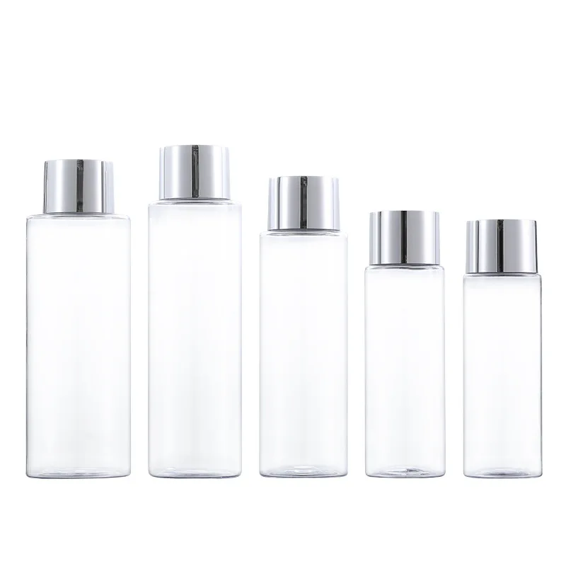 

20Pcs Toner Refill Bottles 100ml 120ml 150ml 200ml 250ml Glossy Silver Screw Lid PET Plastic Lotion Empty Bottle With Inner Plug