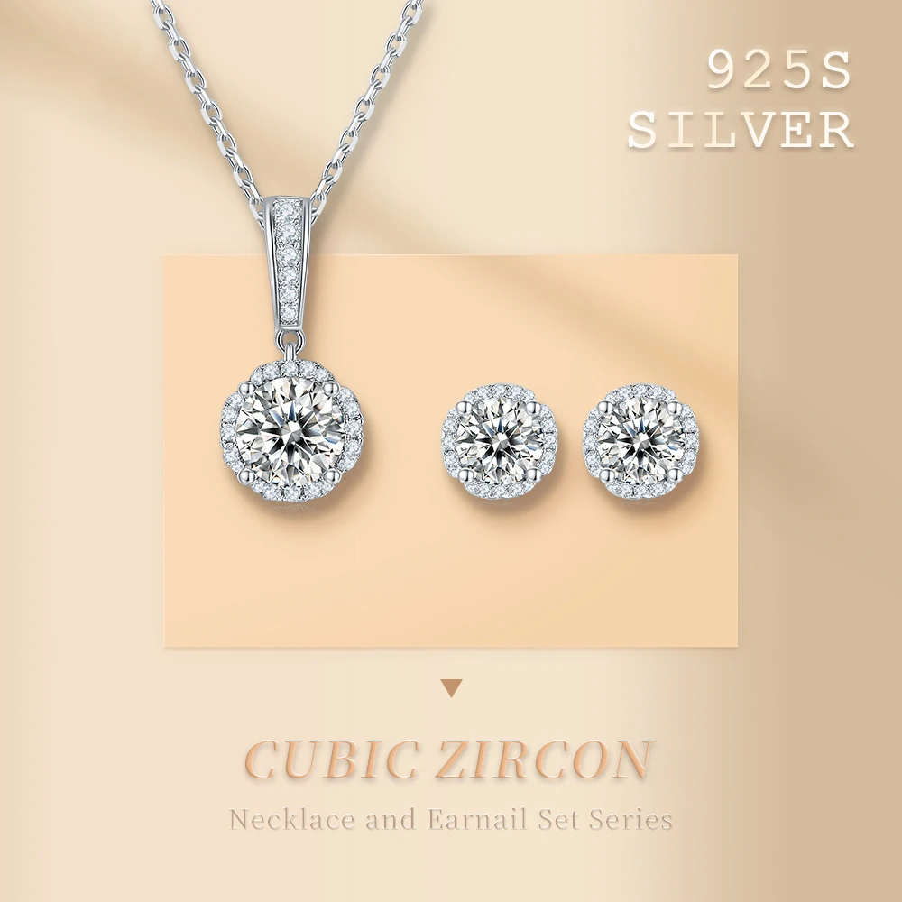 

S925 Sterling Silver Surround Set With Diamond Zircon Pendant Women's Necklace Earrings 0.5CT Set To Match