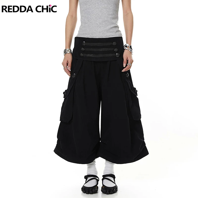 REDDACHiC Pantalones Cortos Cargo Baggy con Botones Decorativos, Estilo Punk, Plisados, Elásticos, de Cintura Baja, Bermuda Retro Alternativa para Verano