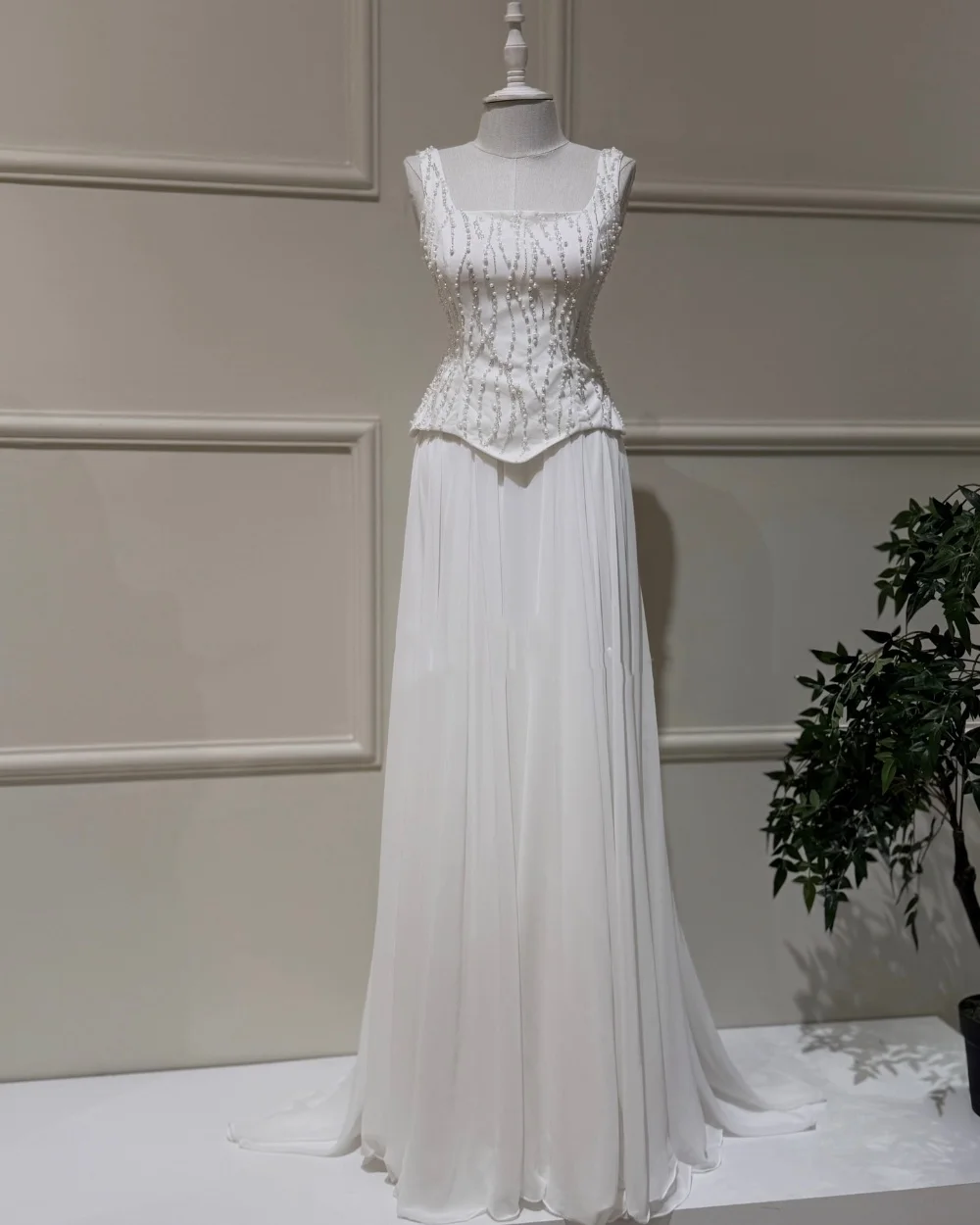 

Customized Elegant Chiffon Pleat Sequined Beading A-line Square Neck Long Dresses Bespoke Occasion High Quality