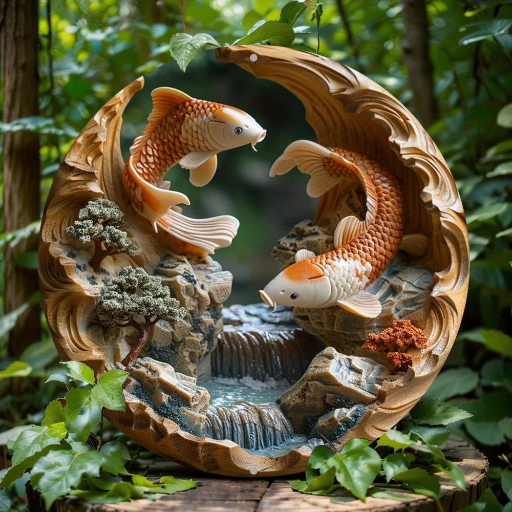 

Decorative Wall Art for Home, Living Room Wall Decoration, Aluminum Metal, Good Koi Sign, Round and Flat Print, Holiday Gift, 2D