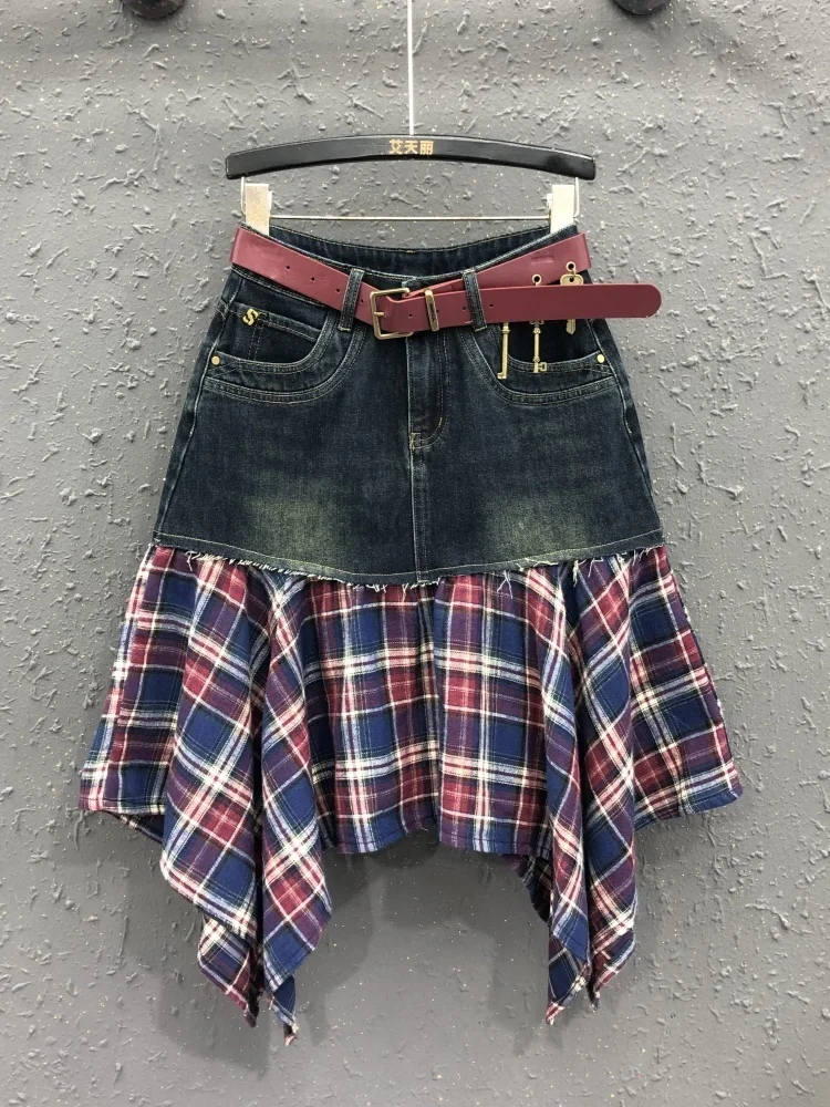 Vintage Irregular Patchwork Plaid Skirts Denim Short For Women High Waist Wrapped Hip Mini Skirt 2024 Summer Female