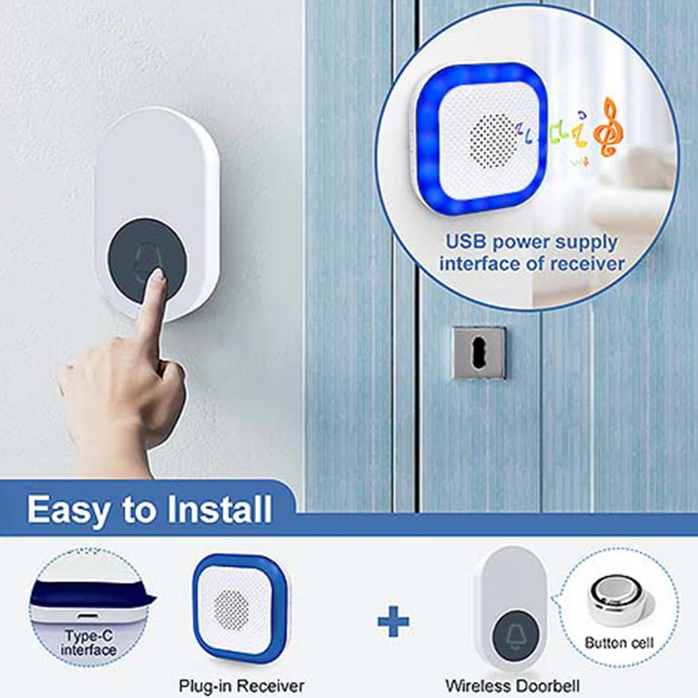 Wireless Doorbell Smart Home Safety Protection Door Bell 38 Song 5 Volume Easy Installation Security Doorbell LED Light Flashing