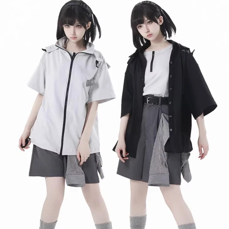 Neutral Design Vest Hooded Jacket Apricot Gray Casual Suit Summer Daily Versatile Casual Hooded Short-sleeved Jacket Shorts Suit