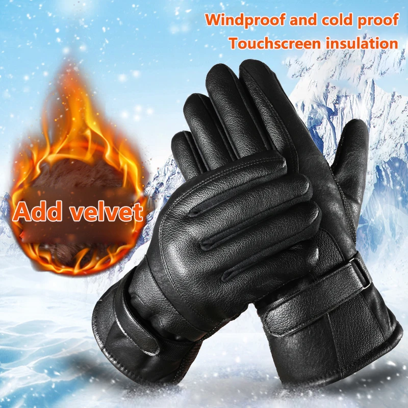 1 Pair Winter Touch Screen Leather Gloves For Men Warm Windproof Anti Slip Motorcycle Rider Equipment Gloves