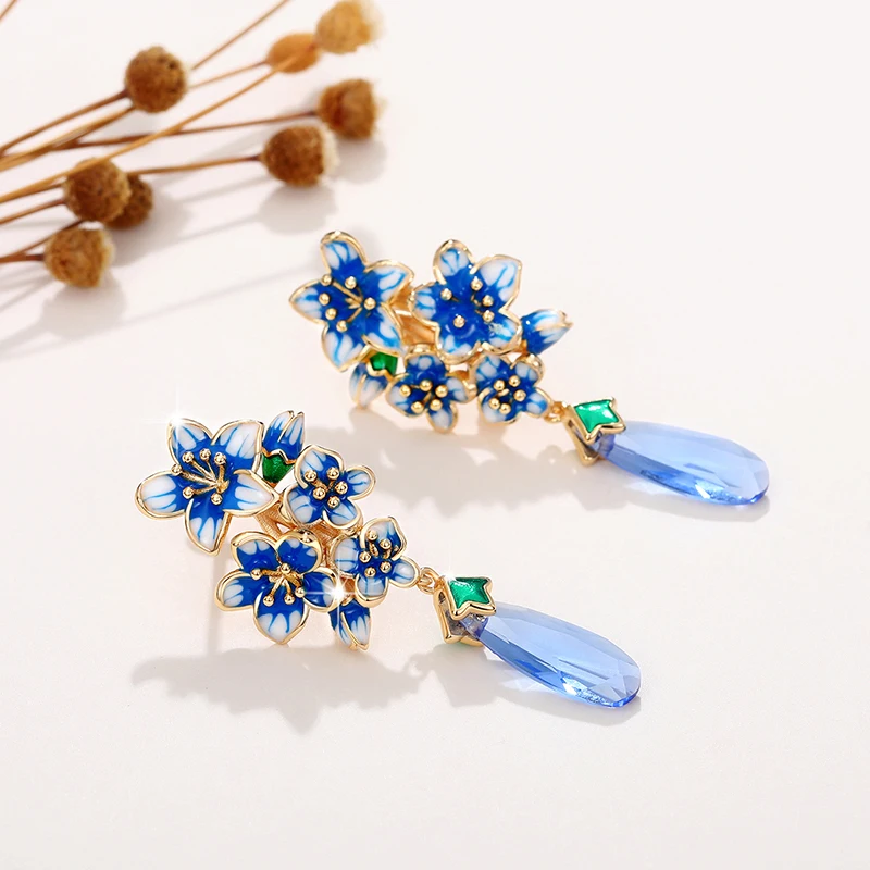 Huitan New Design Blue Morning Glory Earrings for Women Luxury Gold Color Bride Wedding Party Romantic Flower Earrings Jewelry image 3