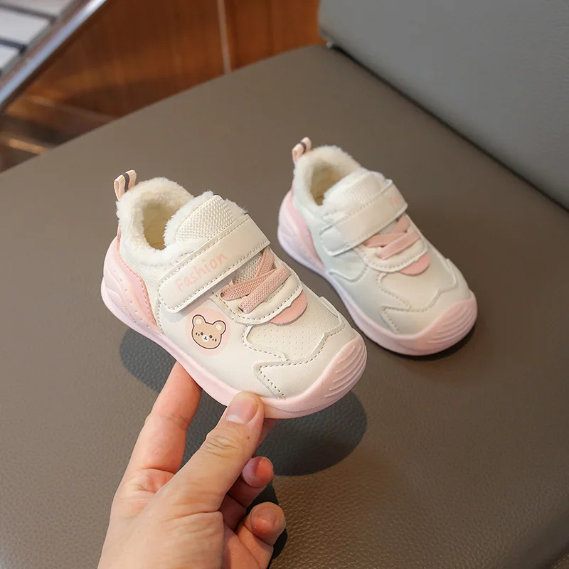 Baby Toddler Shoes Winter New Thick Plush Boys Girls' Waterproof PU Leather Warm Cotton Shoes Non Slip Soft Soled Walking Shoe