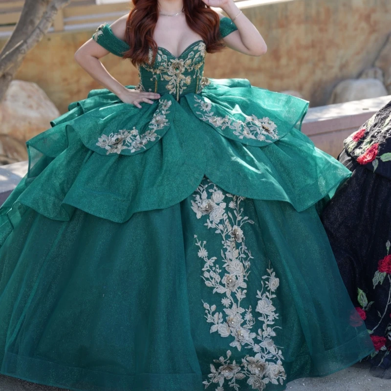 

Green Shiny Quinceanera Dresses Off The Shoulder Applique Lace Beading Crystal Tull Corset Party Birthday Sweet 16 Dress Vestido