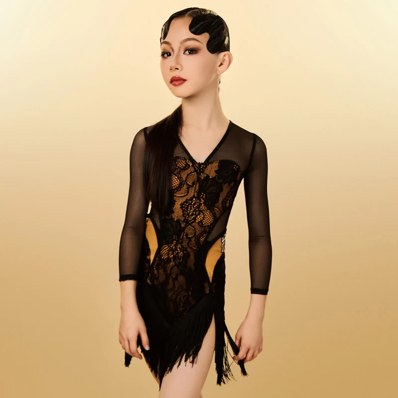 

Children Latin Dance Professional Dress Girls Mesh Sleeved Fringed Dresses Kids Samba Cha Cha Performance Dance Costume SL11866