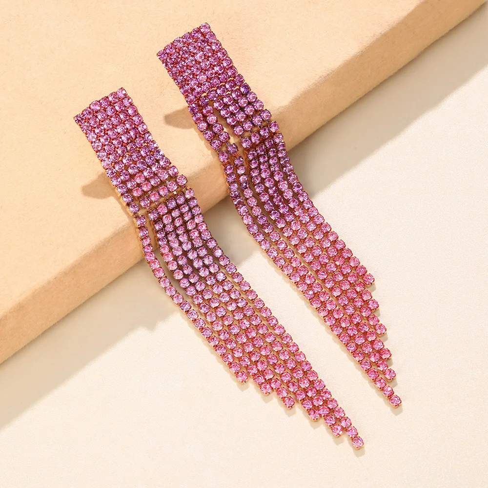 Elegant Long Tassel Fuchsia Crystal Earrings Ladies Exaggerated Earrings Rhinestone Korean Jewelry