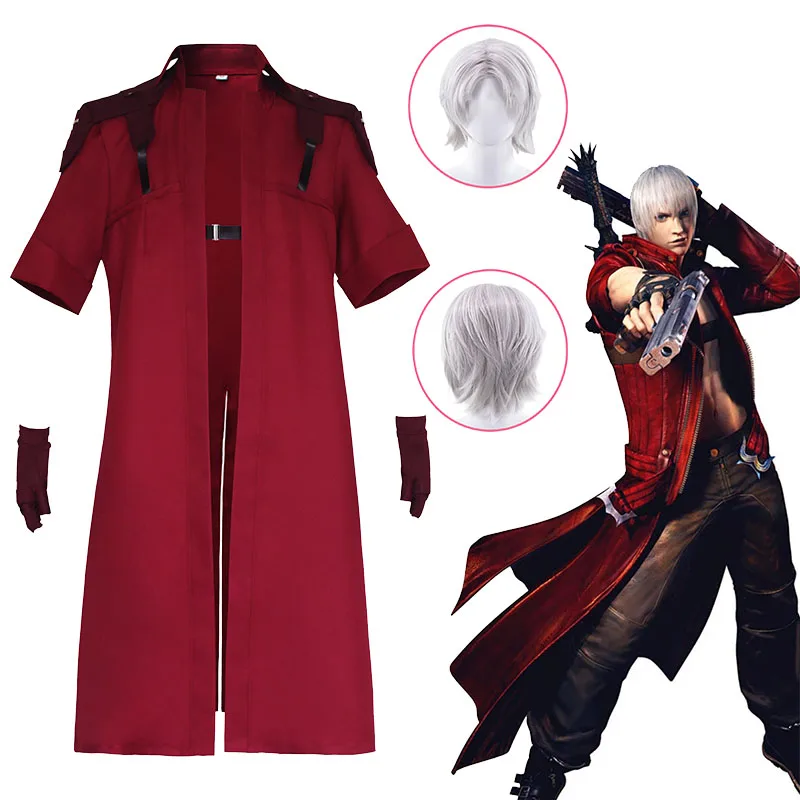 Anime Game May Cry 5 Cosplay Costume Dante Men's Red Long Poncho Jacket Game Uniforms Wig for Halloween Devil Performance