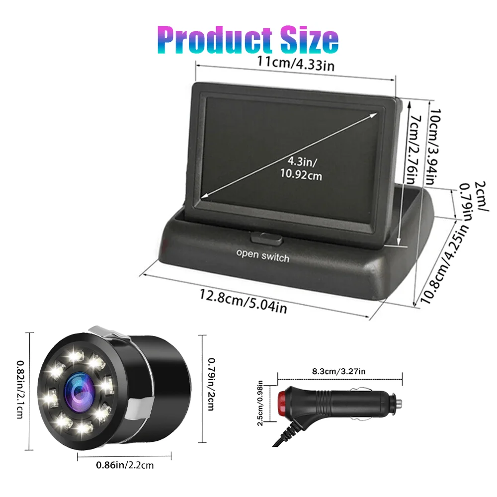 4.3-Inch Foldable Monitor HD Night Vision Wide-Angle Reversing Camera System Kit, Plug And Play,  for easy to Install view 2