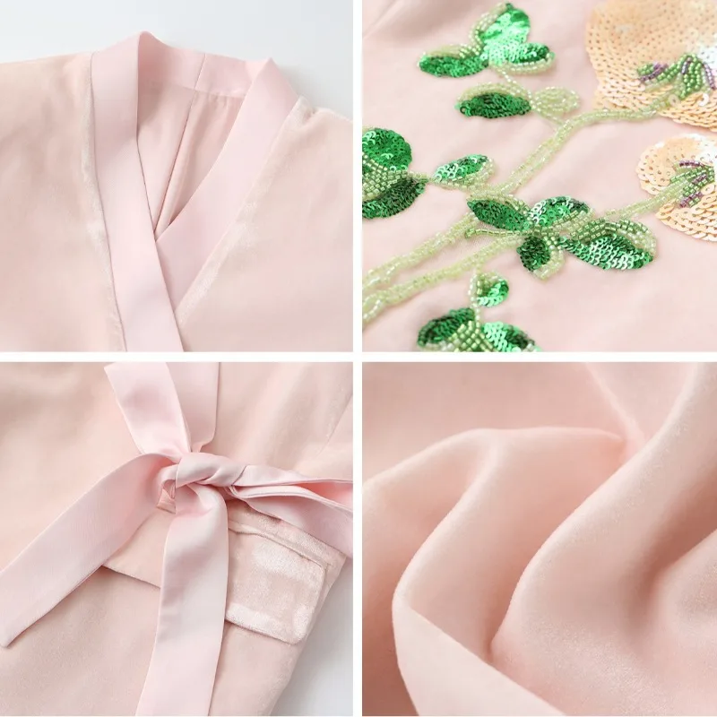 Chinese Style Pink Set For Women Floral Sequin Embroidery Top With Belt + High Waist Split Skirt Elegant Outfit Party Wedding