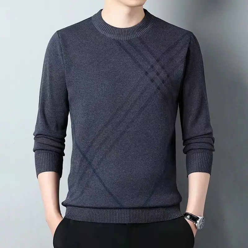 Winter Men's Wool Sweater Solid Color Round Neck Long Sleeved Thickened Top Winter Slim Fitting Versatile Casual Bottom Shirt