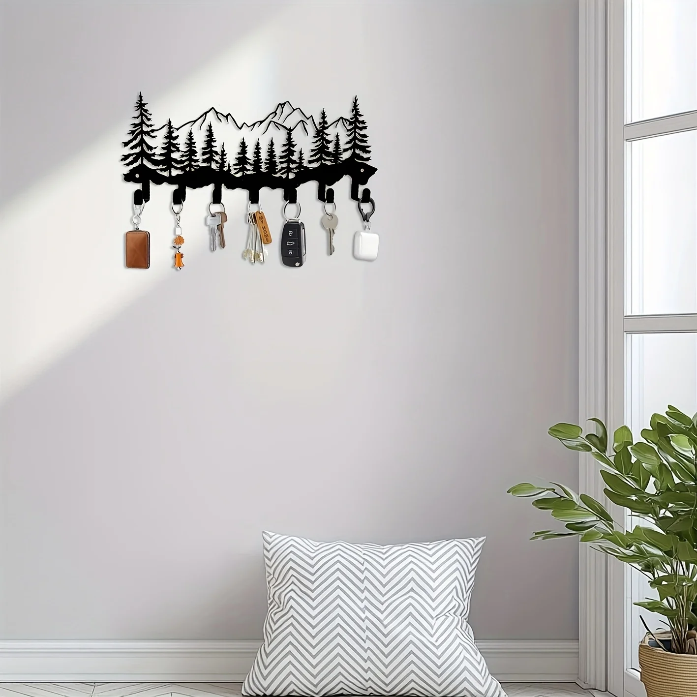 2D Metal 7-Hook Heavy-Duty Key Organizer, Mountain Peak & Pine Tree Design, Space-Saving Entryway, Kitchen, Bathroom Storage