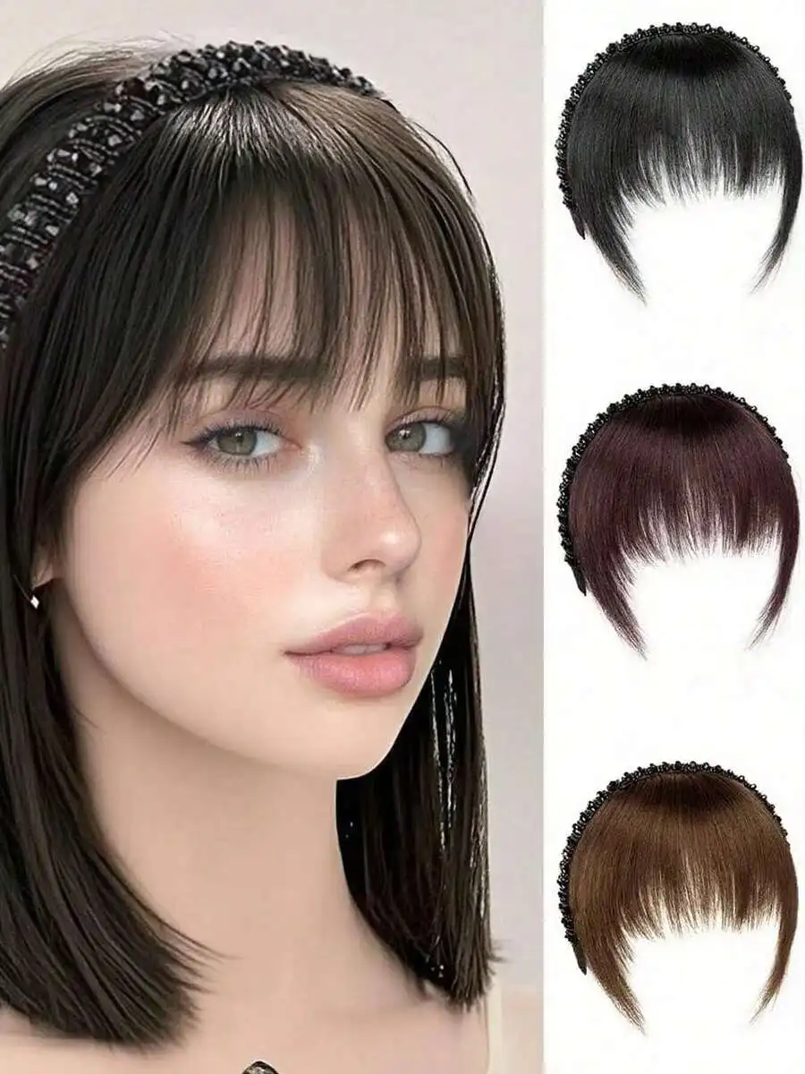 

Ultra-Thin Invisible Synthetic Bangs Headband For Women, Anti-Slip Hairline Coverage With Beaded Band, Natural Look Hair